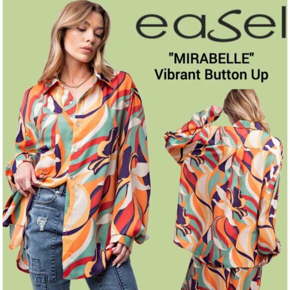 New EASEL Satin Geo Print Vibrant Colored Button Up Collared Tunic 1x - Picture 2 of 15